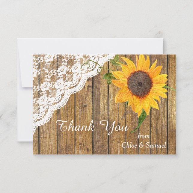 Tarjeta De Agradecimiento Sunflower and Lace on Wood Boda Gracias (Anverso)