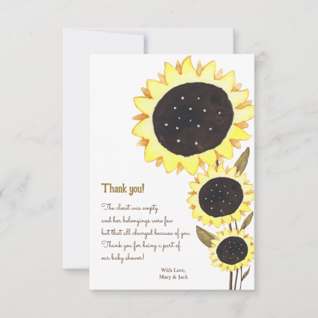 Tarjeta De Agradecimiento Sunflower Baby Shower acuarela Gracias (Anverso)