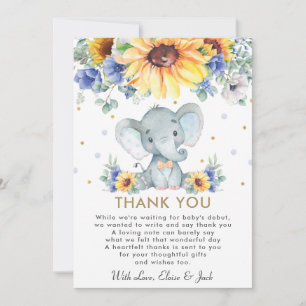 Tarjeta De Agradecimiento Sunflower Blue Floral Elephant Boy Baby Shower