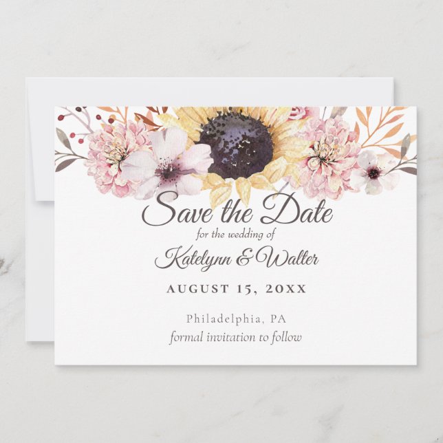 Tarjeta De Agradecimiento Sunflower Bouquet Elegant Country Guardar la fecha (Anverso)