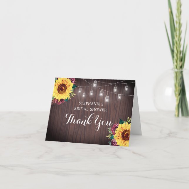 Tarjeta De Agradecimiento Sunflower Burgundy Jars Wood Bridal Shower Gracias (Anverso)