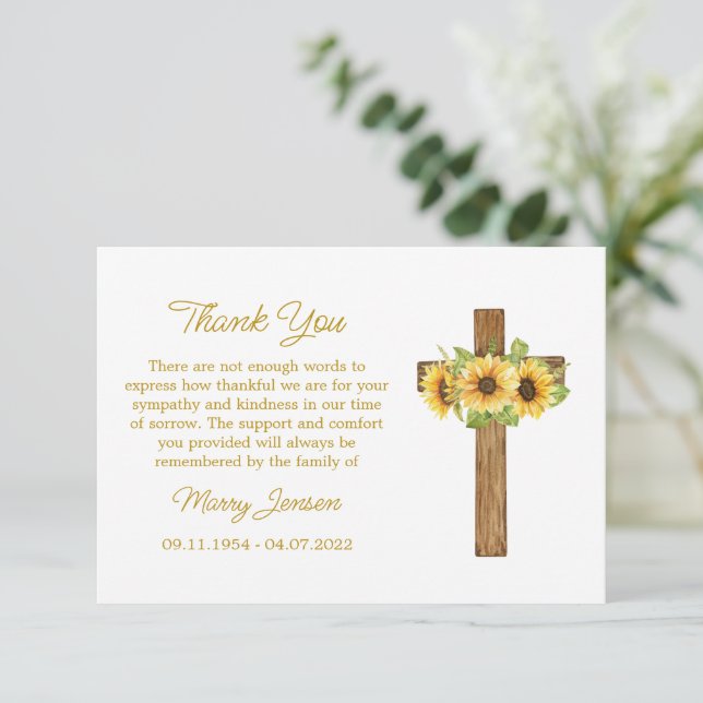 Tarjeta De Agradecimiento Sunflower Cross Sympathy Thank You Card (Anverso de pie)