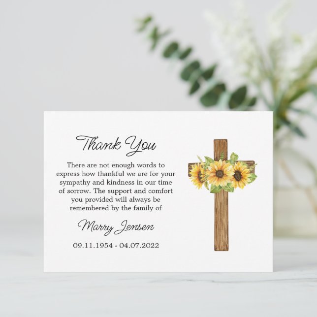 Tarjeta De Agradecimiento Sunflower Cross Sympathy Thank You Card (Anverso de pie)