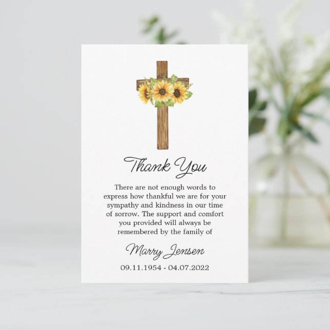 Tarjeta De Agradecimiento Sunflower Cross Sympathy Thank You Card (Anverso de pie)