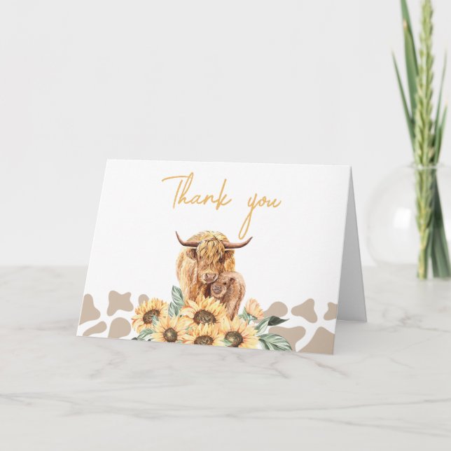Tarjeta De Agradecimiento Sunflower Highland Cow Baby Shower (Anverso)