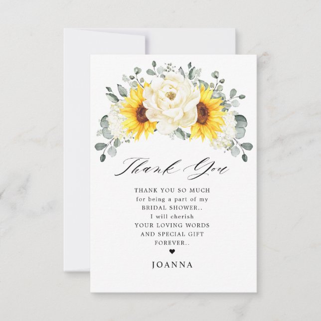 Tarjeta De Agradecimiento Sunflower Ivory Peony Eucalyptus Bridal Shower (Anverso)