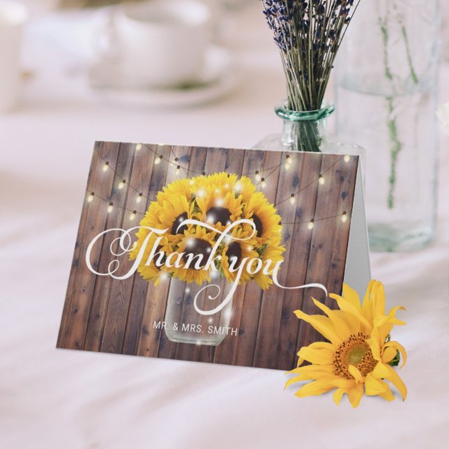 Tarjeta De Agradecimiento Sunflower Jar String Luces Barn Boda Gracias (Subido por el creador)