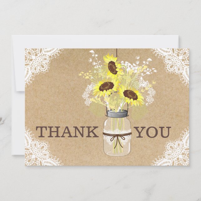 Tarjeta De Agradecimiento Sunflower Lace Kraft Modern Rustic Gracias (Anverso)