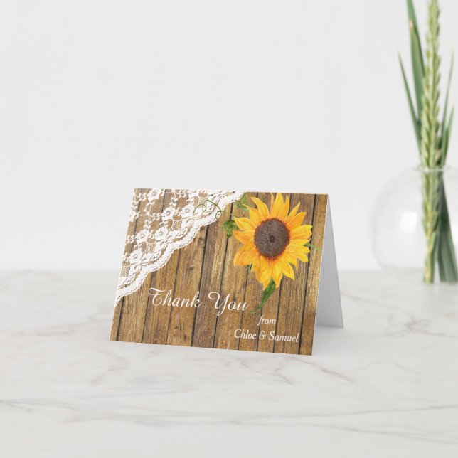 Tarjeta De Agradecimiento Sunflower Lace Wood Floral Boda Gracias (Anverso)