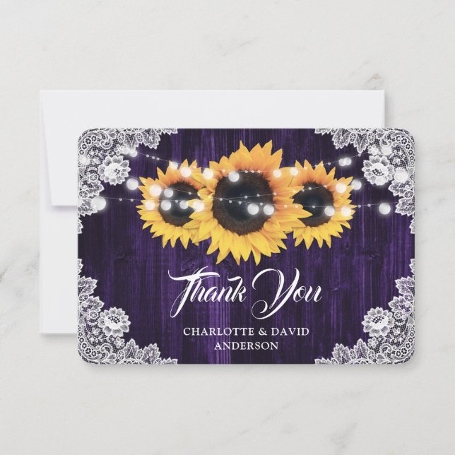 Tarjeta De Agradecimiento Sunflower Purple Rustic Wood Floral Lace Wedding (Anverso)