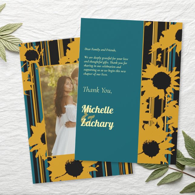 Tarjeta De Agradecimiento Sunflower Teal Blue Gold Modern Wedding (Subido por el creador)