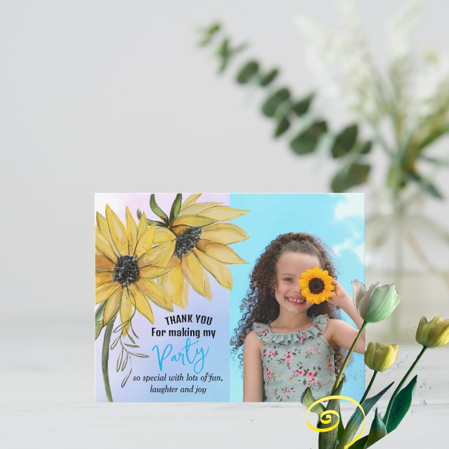 Tarjeta De Agradecimiento Sunflower Watercolor Quinto Chica Foto Cumpleaños (Sunflower Watercolor Fifth Girl Photo Birthday Thank You Card)