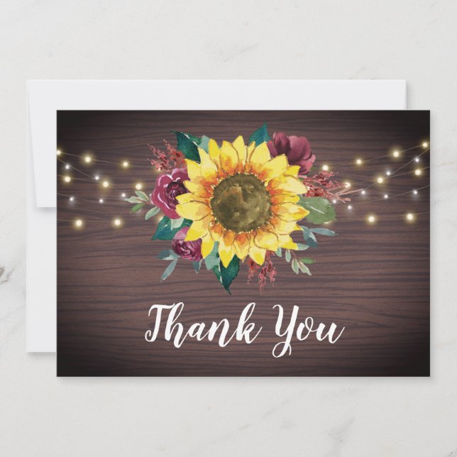 Tarjeta De Agradecimiento Sunflowers Burgundy Floral Lights Wood Boda (Anverso)