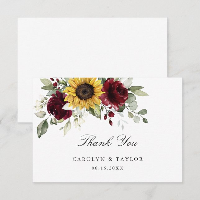 Tarjeta De Agradecimiento Sunflowers Burgundy Red Floral Rustic Boda (Anverso / Reverso)