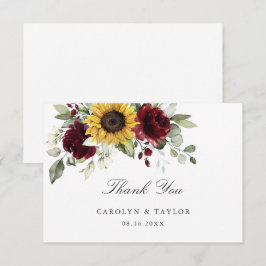 Tarjeta De Agradecimiento Sunflowers Burgundy Red Floral Rustic Boda