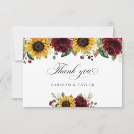 Tarjeta De Agradecimiento Sunflowers Burgundy Red Floral Rustic Boda