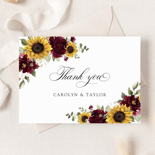 Tarjeta De Agradecimiento Sunflowers Burgundy Rustic Boda Gracias Card (Subido por el creador)