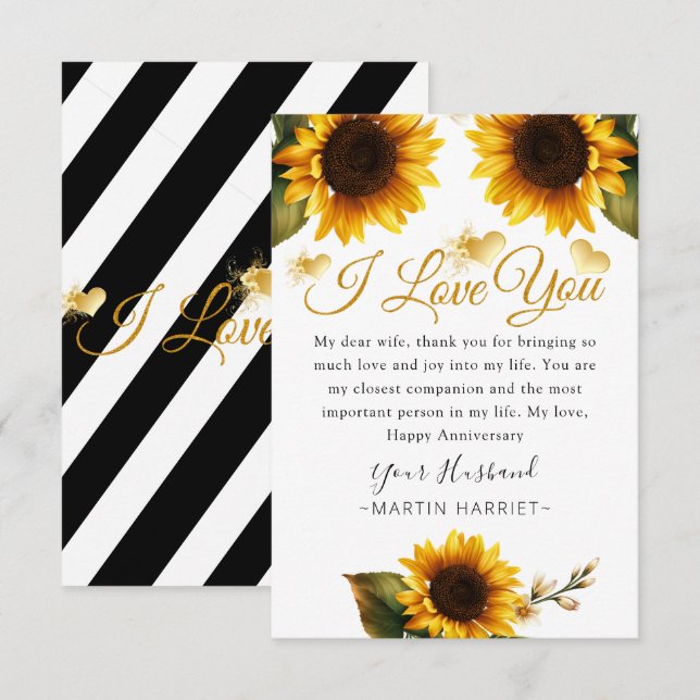 Tarjeta De Agradecimiento Sunflowers I Love You Aniversario Card For Wife (Anverso / Reverso)