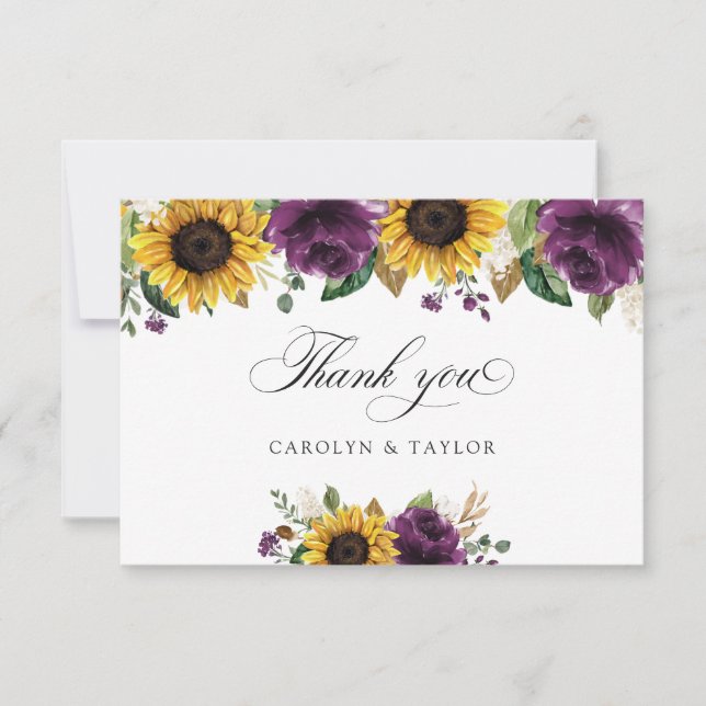 Tarjeta De Agradecimiento Sunflowers Purple Greenery Floral Rustic Boda (Anverso)