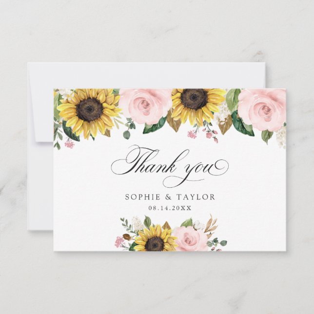 Tarjeta De Agradecimiento Sunflowers Rubor Boda Floral Rosa (Anverso)