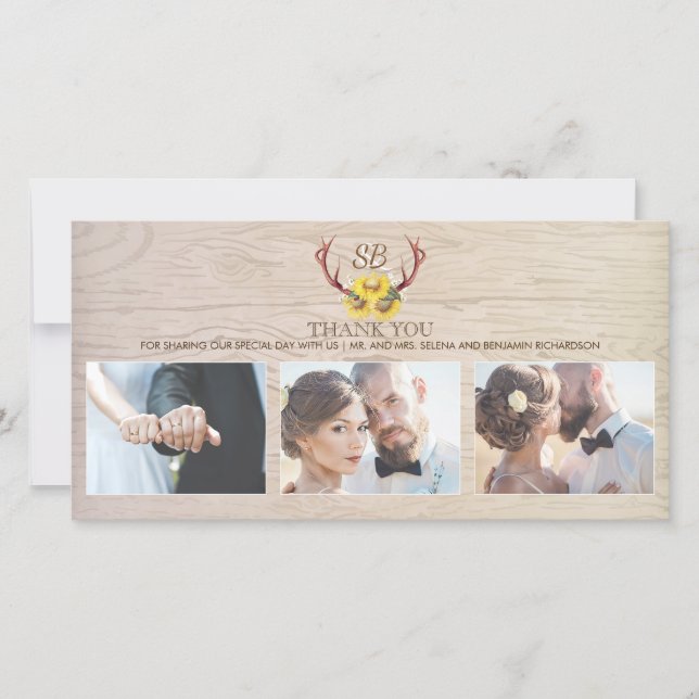 Tarjeta De Agradecimiento Sunflowers Rustic Deer Antlers Boda Gracias (Anverso)