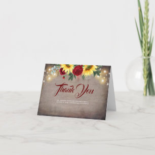 Tarjeta De Agradecimiento Sunflowers y Red Roses Rustic Boda Gracias