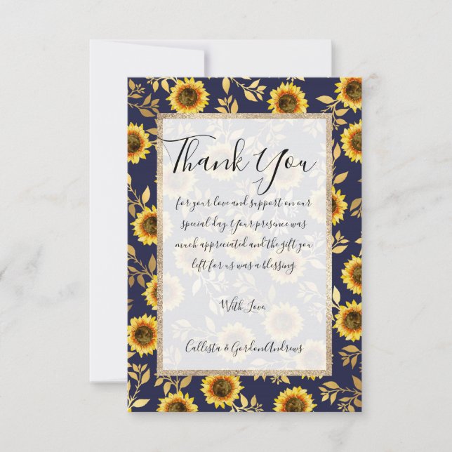 Tarjeta De Agradecimiento Sunny Yellow Gold Navy Sunflowers deja el patrón (Anverso)