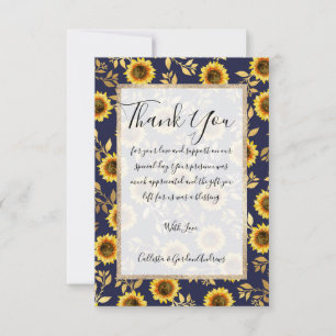 Tarjeta De Agradecimiento Sunny Yellow Gold Navy Sunflowers deja el patrón