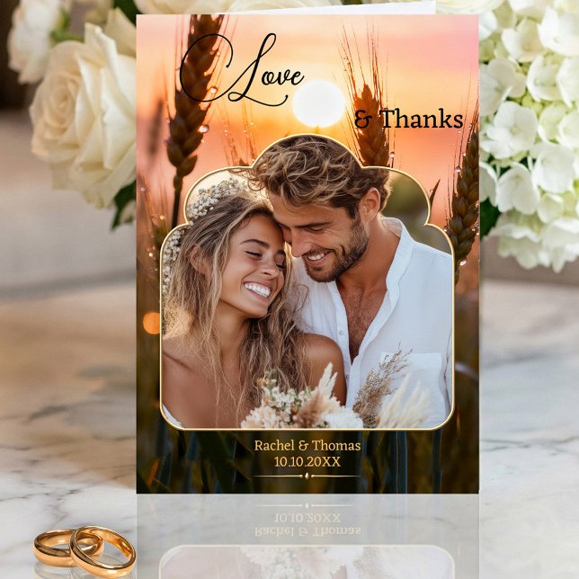 Tarjeta De Agradecimiento Sunset Nature Wedding Photo  (Wedding Thank You note card featuring your photo framed by a colorful sunset over a country scene)