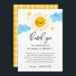 Tarjeta De Agradecimiento Sunshine Birthday Party<br><div class="desc">Carta de agradecimiento para la fiesta de cumpleaños de los niños con temática solar con ilustracion acuarela de un sol sonriente con nubes y estrellas. El texto dice "¡gracias por hacer mi cumpleaños tan BRIGHT!"</div>