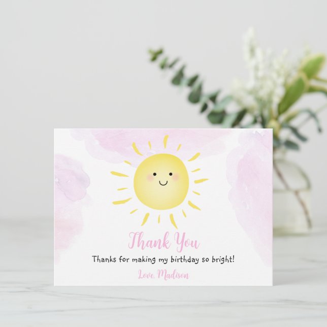 Tarjeta De Agradecimiento Sunshine Clouds Chica Rosa Cumpleaños Gracias (Anverso de pie)