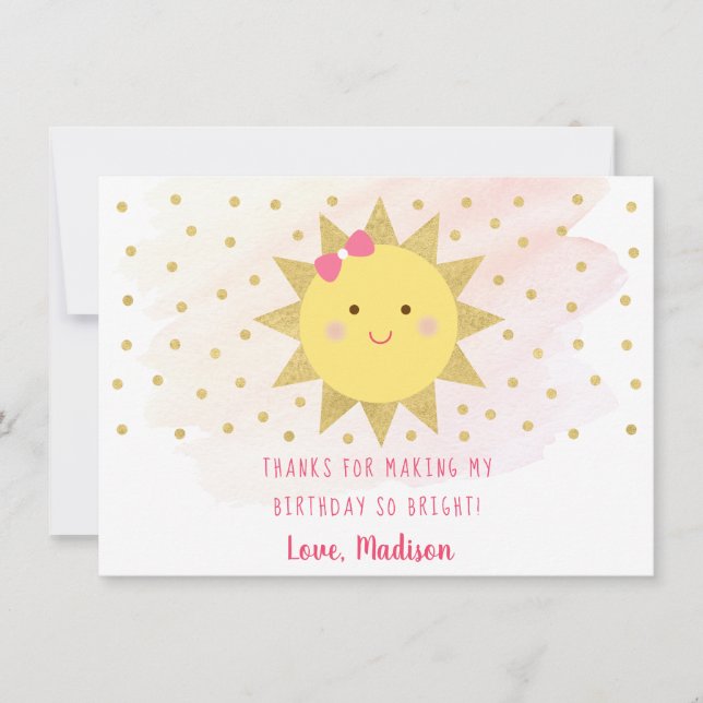 Tarjeta De Agradecimiento Sunshine Pink & Gold Birday Gracias (Anverso)