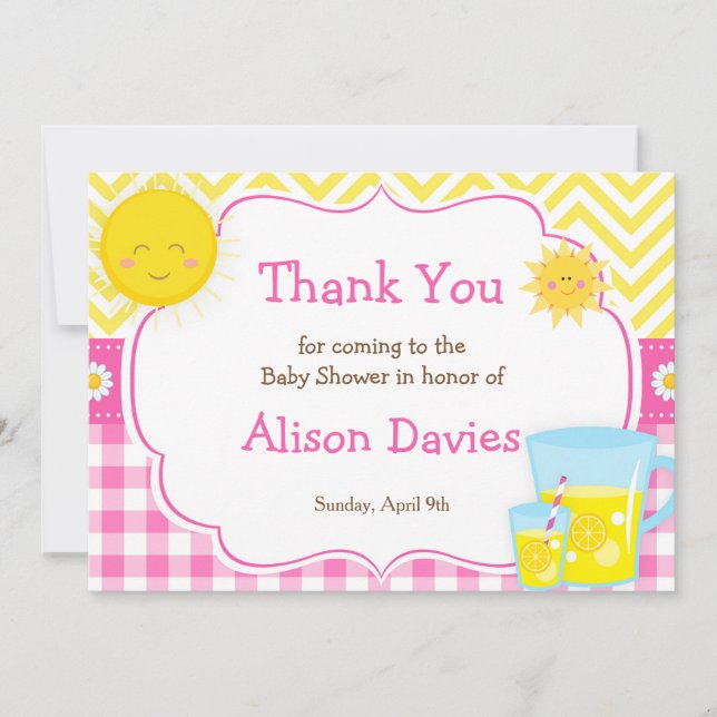 Tarjeta De Agradecimiento Sunshine y Baby Shower rosa y amarillo Lemonade (Anverso)