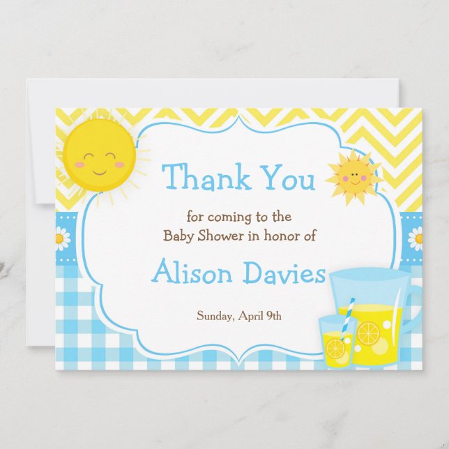 Tarjeta De Agradecimiento Sunshine y Lemonade Baby Shower azul y amarillo (Anverso)