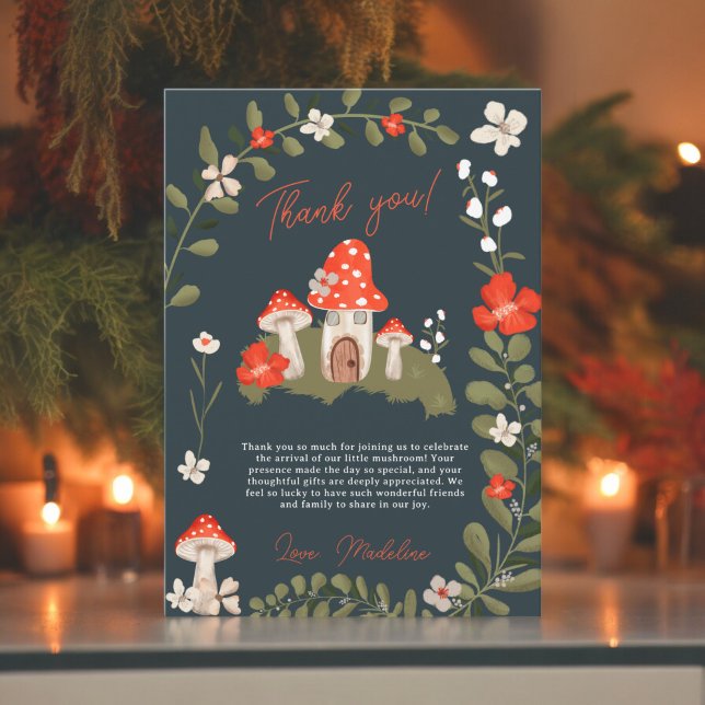 Tarjeta De Agradecimiento Suntuosos hongos de bosque con flores de bebé (Whimsical woodland mushrooms floral baby shower thank you card)