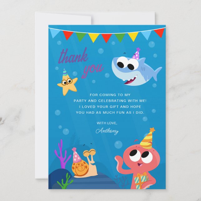 Tarjeta De Agradecimiento Super Simple | Finny the Shark Ocean Birthday (Anverso)
