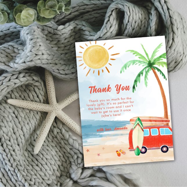 Tarjeta De Agradecimiento Surf Beach Baby A Bordo Baby Shower (Surf Beach Baby On Board Baby Shower Thank You Card)