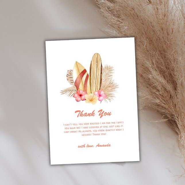 Tarjeta De Agradecimiento SurfIng de flor tropical de Boho mínimoBaby Shower (Minimal Boho Tropical Flower SurfIng Baby Shower Thank You Card)
