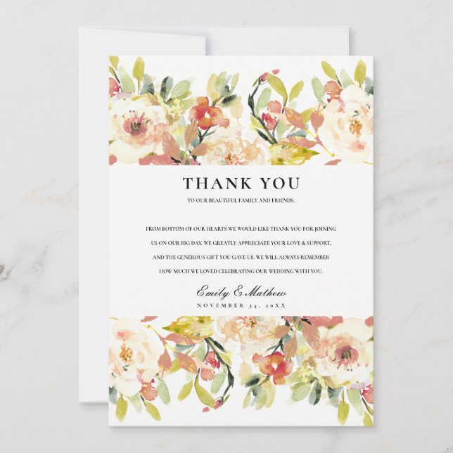 TARJETA DE AGRADECIMIENTO SUTIL RUBOR ROSA DURAZNO FLORAL A LA ACUARELA BODA (Anverso)