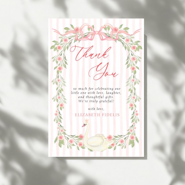 Tarjeta De Agradecimiento Swan Pink Bow Floral Roses Baby Shower (Subido por el creador)