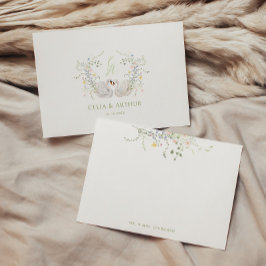 Tarjeta De Agradecimiento Swans Floral Monogram Crest Wedding
