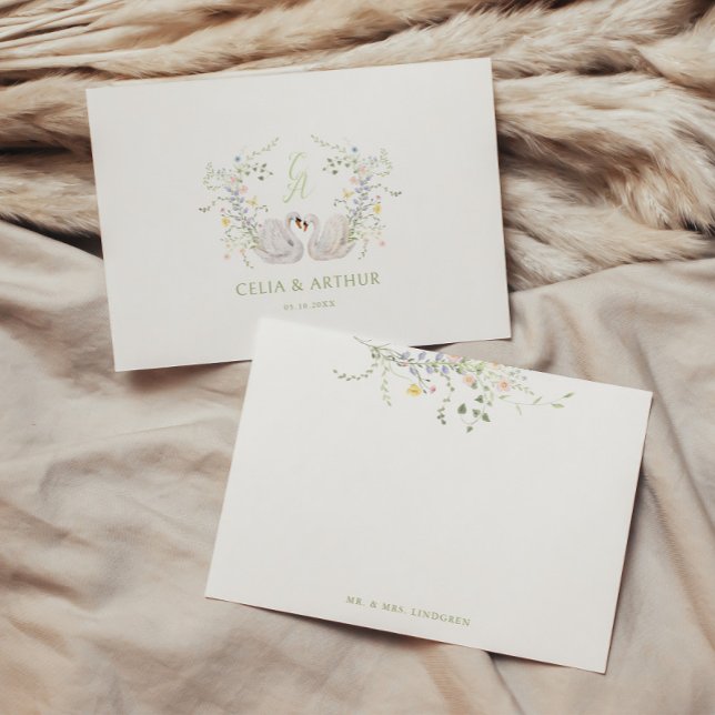 Tarjeta De Agradecimiento Swans Floral Monogram Crest Wedding (Subido por el creador)