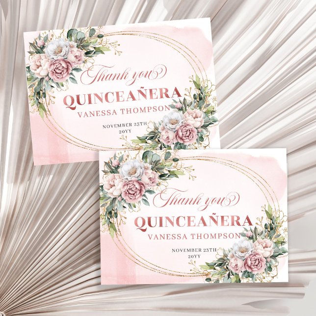 Tarjeta De Agradecimiento Sweet 15 Boho Thank You Card Rose Gold Greenery (Sweet 15 Boho Thank You Card with Rose Gold Greenery)