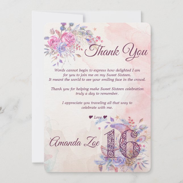 Tarjeta de agradecimiento Sweet 16 (Anverso)