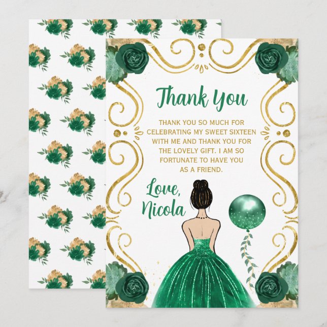 Tarjeta De Agradecimiento Sweet 16 Brown Hair Princess Green Thank You (Anverso / Reverso)