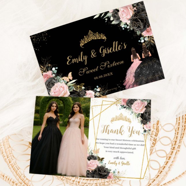 Tarjeta De Agradecimiento Sweet 16 Quinceanera Black Pink Floral Twins Photo (Subido por el creador)