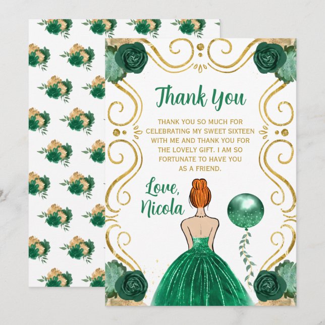 Tarjeta De Agradecimiento Sweet 16 Red Hair Princess Green Thank You (Anverso / Reverso)