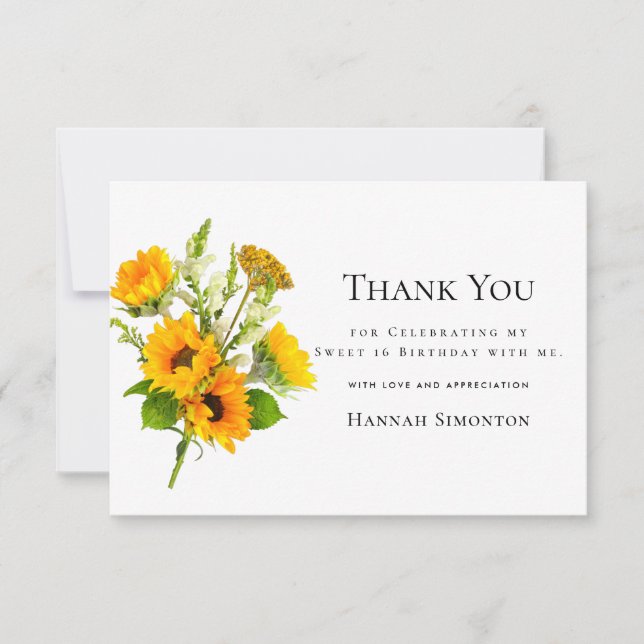 Tarjeta De Agradecimiento Sweet 16 Sunflower Bouquet Personalizado (Anverso)