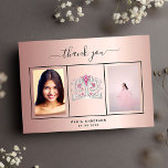 Tarjeta De Agradecimiento Sweet 16 thank you custom photo rose gold pink<br><div class="desc">An elegant, simple Sweet 16 Thank You card personalized with your own photo. Add 3 of Your birthday photos, vertical size, a date, name, and the thank you note. A rose gold faux metallic looking background with black text and a frame. The text: Thank you on the front and your...</div>