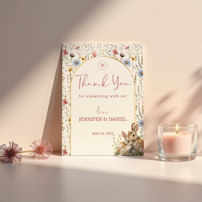 Tarjeta De Agradecimiento Sweet Beige Bunny Pair Wildflower Baby Shower (Subido por el creador)